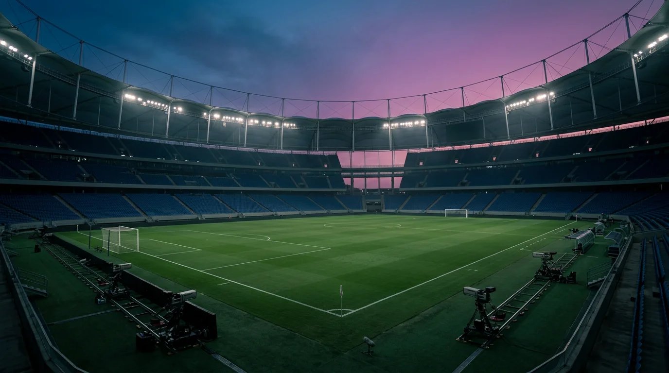 Sfeerbeeld van een WK-knock-outduel in een groot open stadion tegen de avondhemel