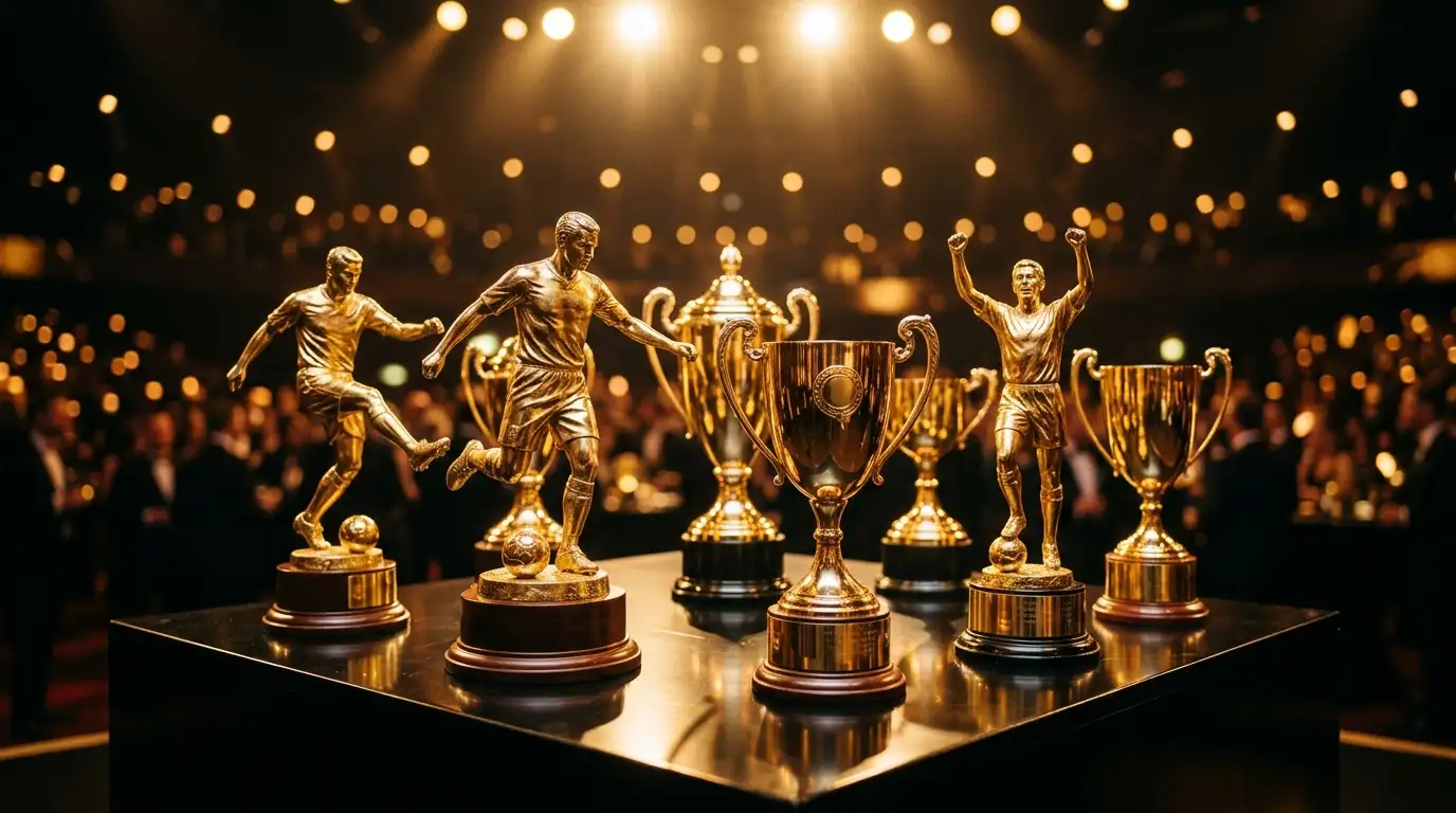 Individuele voetbaltrofeeën op een podium onder de schijnwerpers