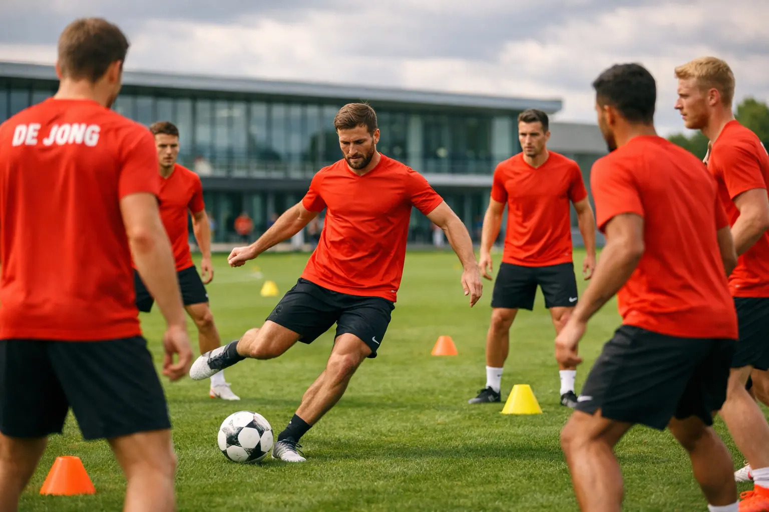 Belgische voetballers in rode shirts tijdens een trainingsessie op een groen veld