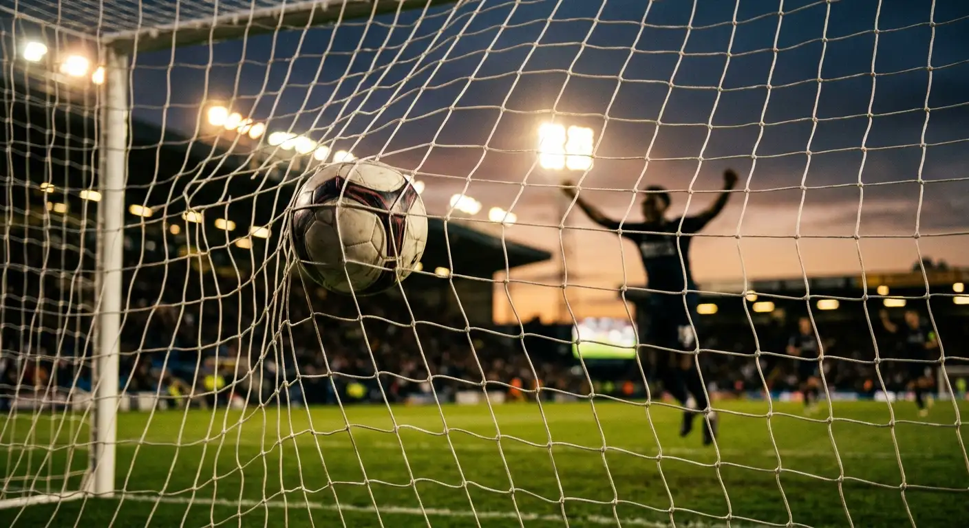 Een voetbal in het net met een juichende silhouet op de achtergrond, symbool voor de topschuttersstrijd op het WK 2026