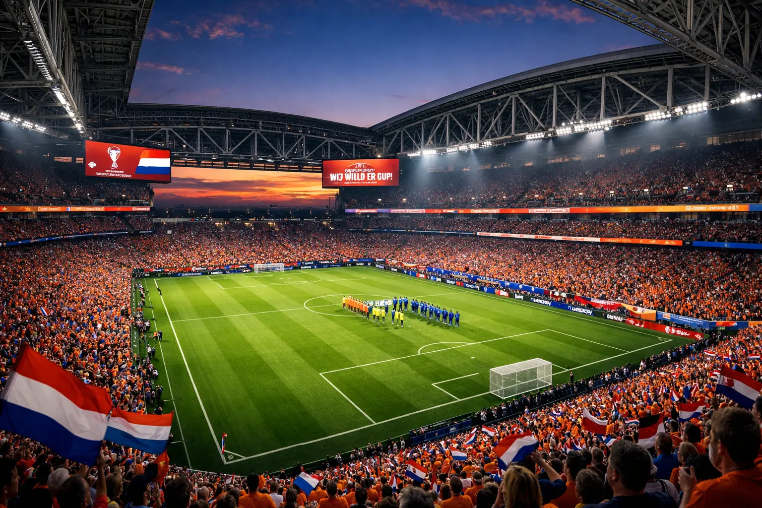 Panoramisch uitzicht op een verlicht voetbalstadion tijdens een WK-wedstrijd