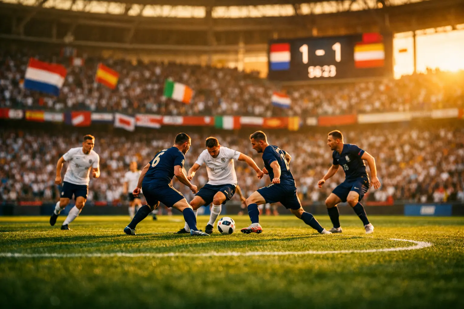 Voetbalveld met opgestelde teams voor de aftrap van een WK-groepswedstrijd