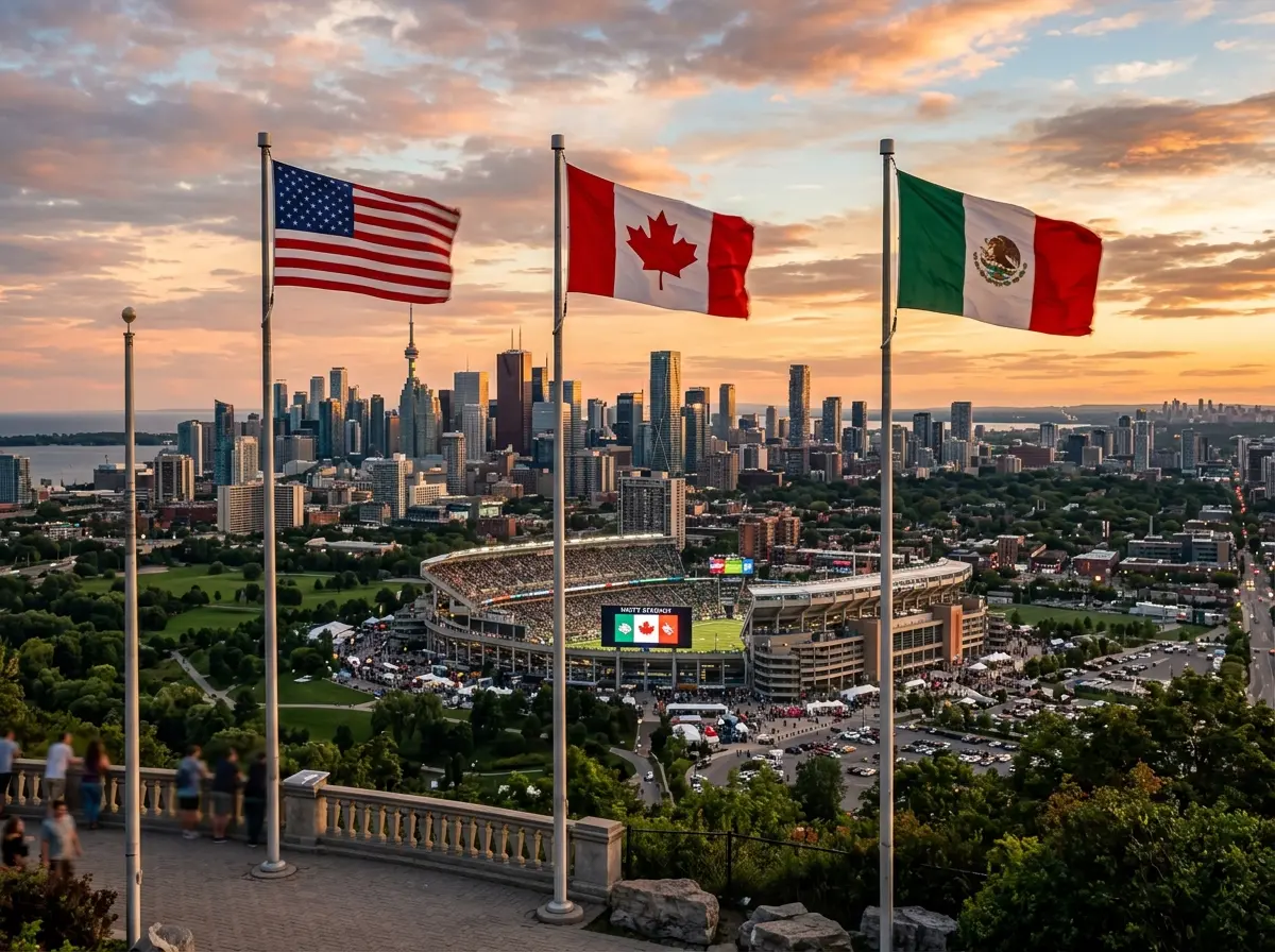 Kaart van de drie gastlanden van het WK 2026 met stadions in de VS, Mexico en Canada