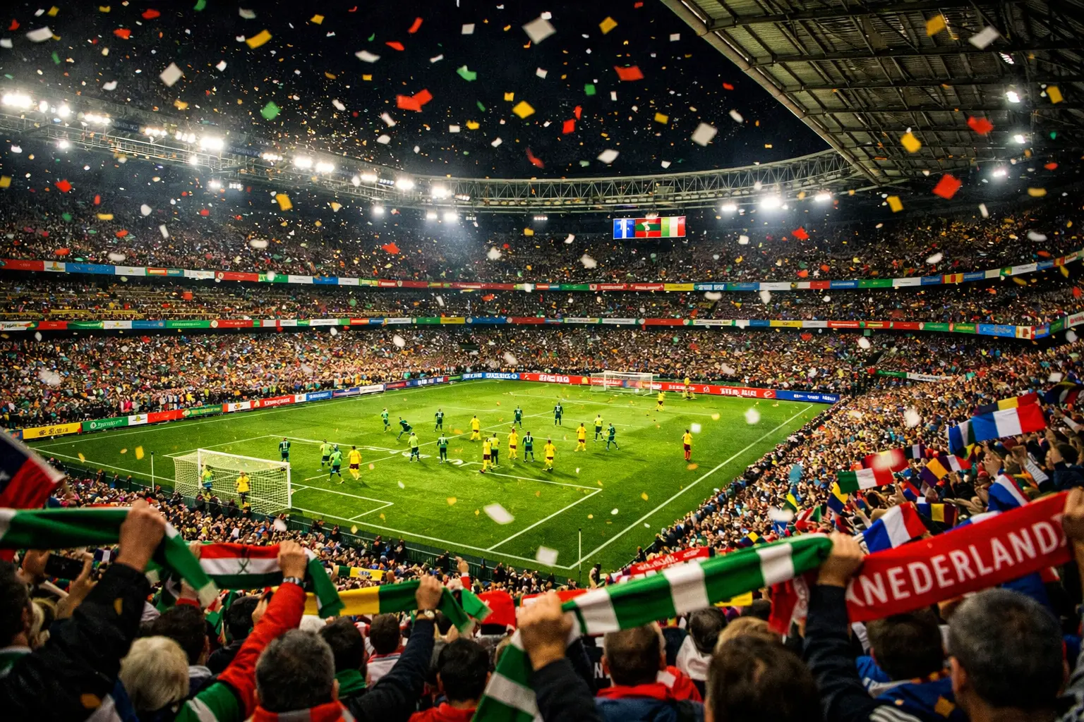 Voetbalsupporters met vlaggen van verschillende landen in een vol stadion tijdens een groepswedstrijd