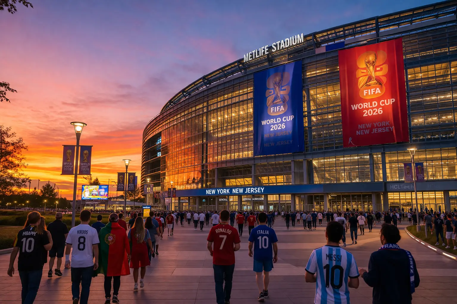 Modern Amerikaans voetbalstadion met verlichte gevel bij zonsondergang