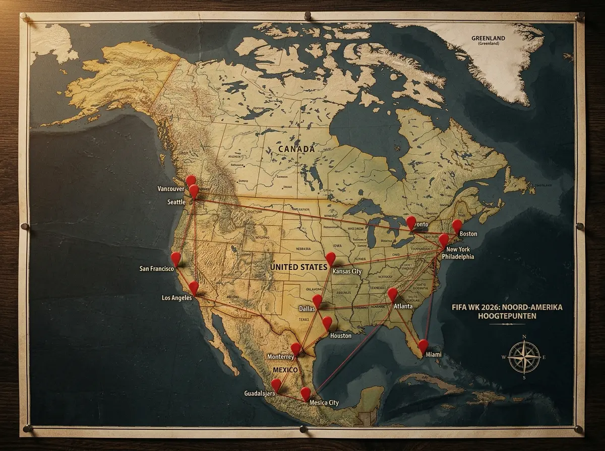 Kaart van alle WK 2026 stadions verspreid over de VS, Mexico en Canada