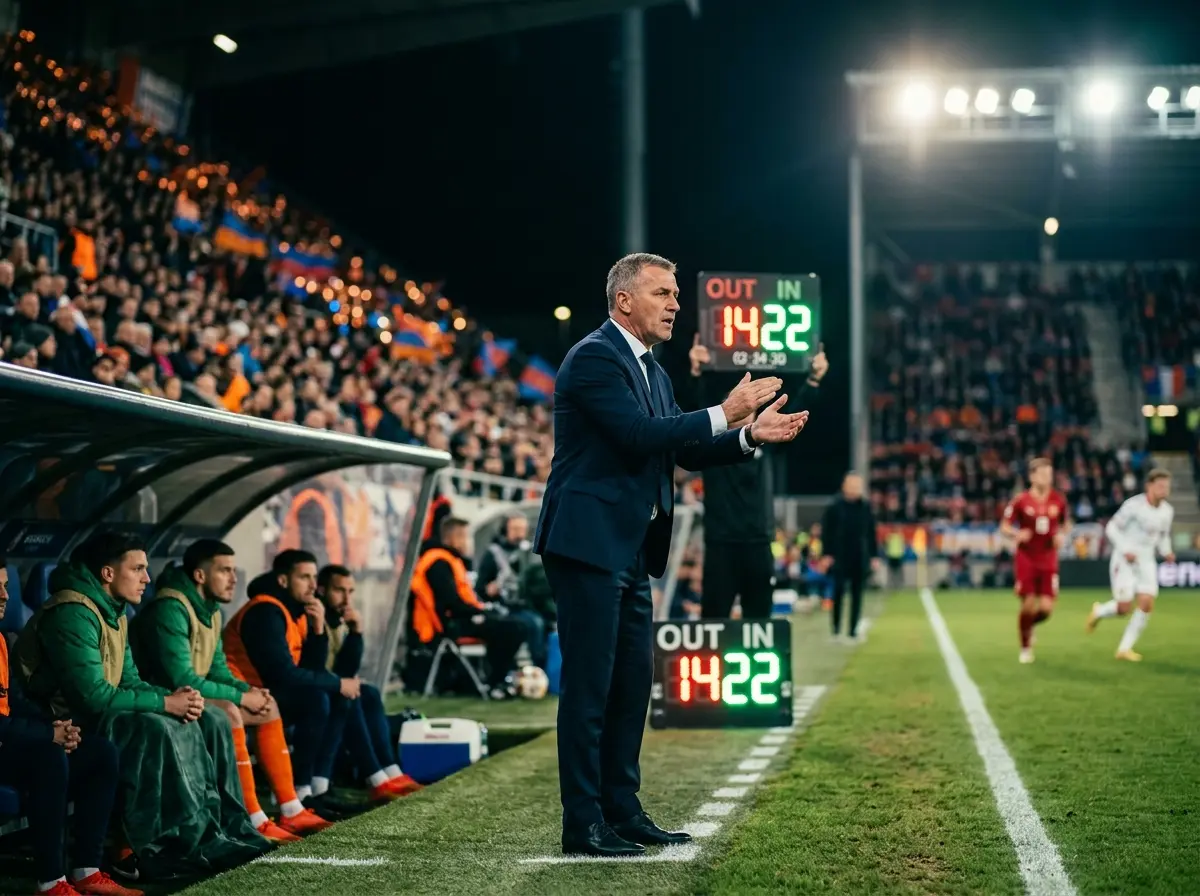 Voetbalcoach bespreekt tactiek met spelers aan de zijlijn tijdens een avondwedstrijd